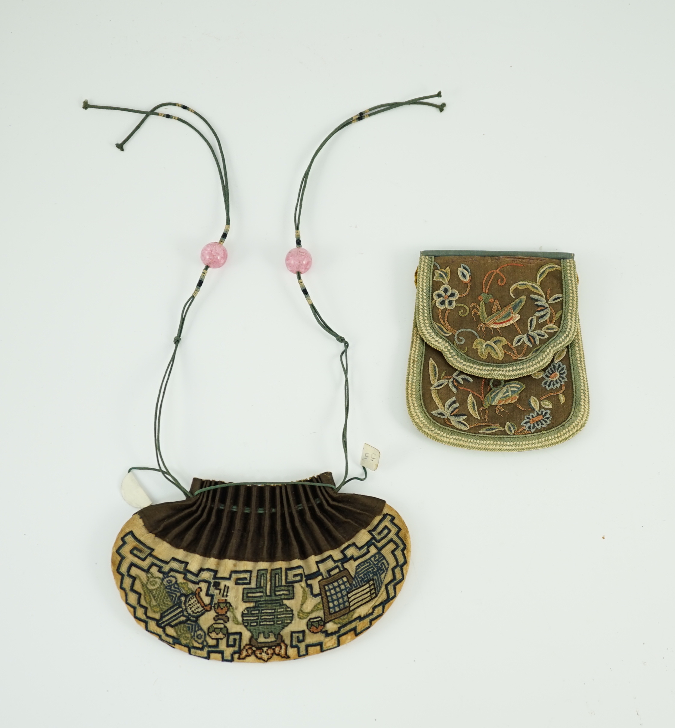 Two Chinese embroidered silk purses, 19th century